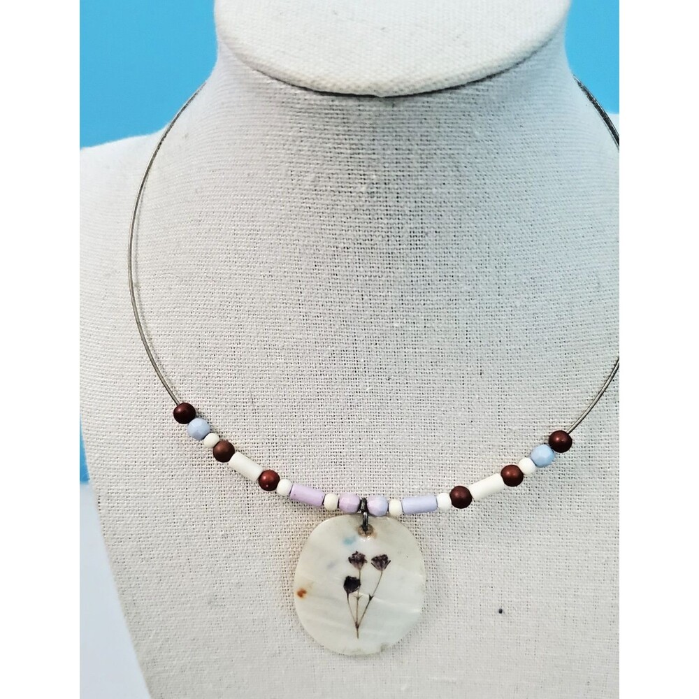 Pressed Dried Flower Resin Disk Pendant Wire Choker Necklace Beaded Pastel USED